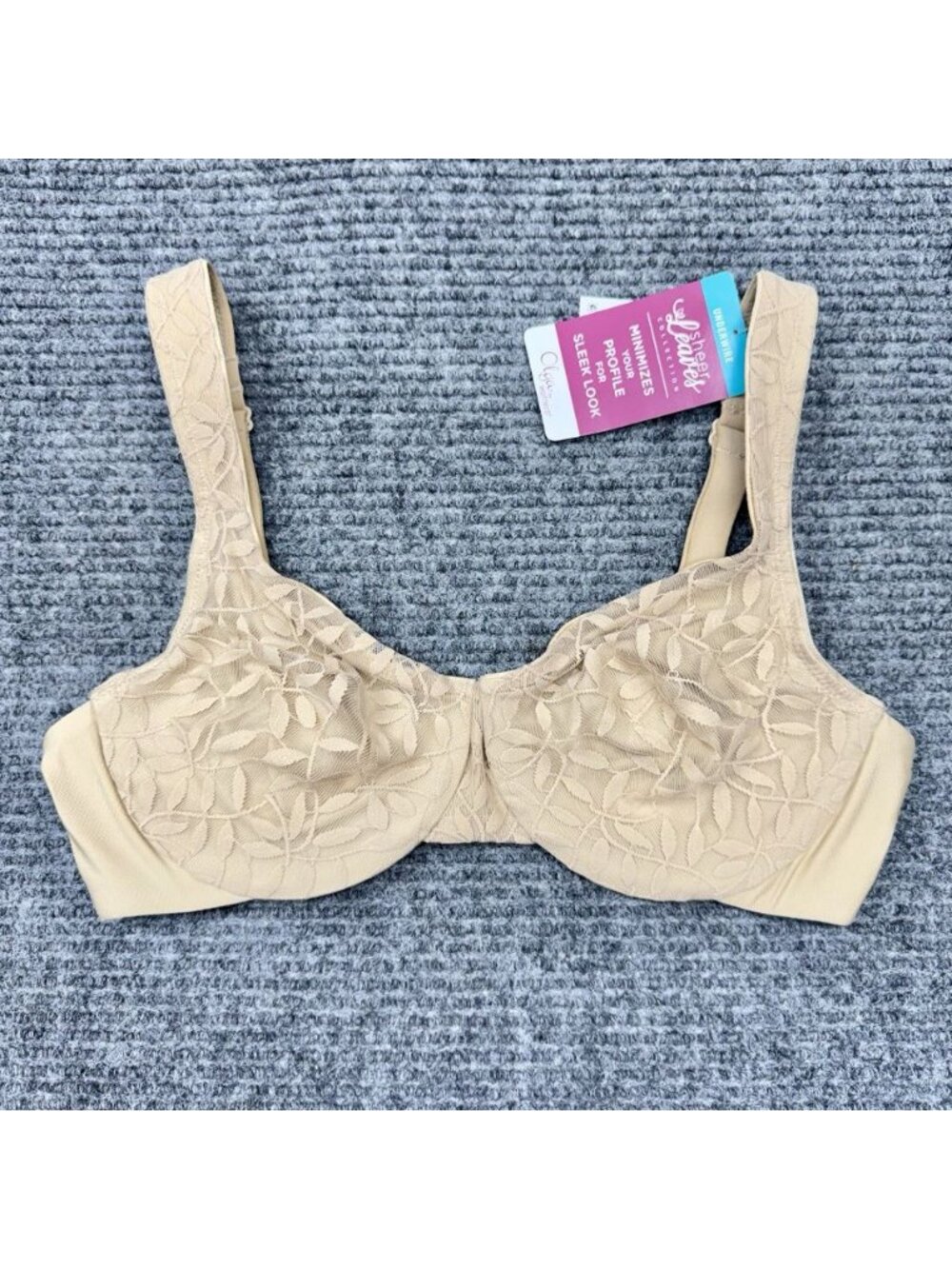 Olga By Warners Bra 34C Tan Lace Sheer Leaves Underwire Minimizer 35519 NEW